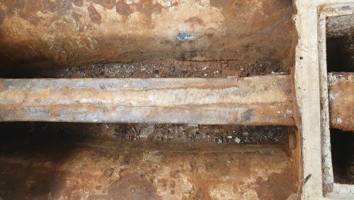 Bilge, after removal of already loose iron (no concrete), uncovered poor repair of Hull puncture